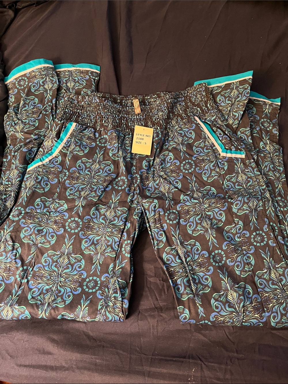 Women's Blue Floral Print Elastic Waist Trousers